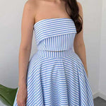 Striped Strapless Tube Crop Top High Rise Pocketed Midi Skirt Set