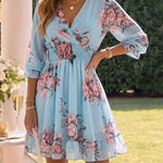 Floral Print Overlap V Neck Three Quarters Sleeve Shirred Waist Ruffle Hem Dress Casual Cinched Waist Flared Cuffs Chiffon Vacation Dress with Lining