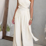 One Shoulder Sleeveless Tie Knot Top High Rise Wide Leg Pants Set