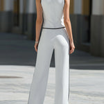 Chic White Contrast-Piped Vest & Wide-Leg Pant Set