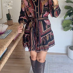 Long Sleeves Button Up Tie Waist Fioral Print Ruffle Mini Shirt Dress