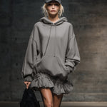 Casual And Fashionable Hooded Elastic Hem Gray Sweatshirt Mini Dress