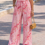 Women's Tie Dye Print Pleated Wide Leg Pants High Waisted Flowy Palazzo Pants Drawstring Lounge Pants with Pockets