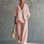 Casual Urban Bohemian Style V-neck Pink Cotton Blouse And Pants Set