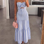 Women's Striped Tube Maxi Dress Sexy Cutout Bodycon Mermaid Dress Ruched Shirred Drawstring Vacation Dress