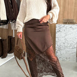 High Rise Satin Splice Lace Maxi Skirt