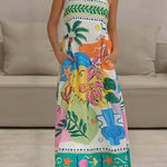 Margovil Spaghetti Strap High Waist Tropic Print Maxi Holiday Dress