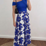 Women's 2 Piece Skirt Set Skew Neck Ruched Slim Fit Top and High Waisted Floral Print A Line Skirt with Pockets