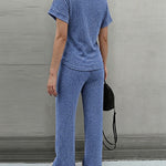 Women's 2 Piece Knit Set Lace Patchwork Short Sleeve Top and Wide Leg Pants Casual Ribbed Brushed Lounge Set