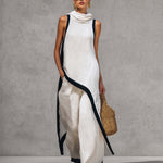 Temperament Casual Hooded White Black Trim White Cotton And Linen Asymmetrical Long Top And Pants Set