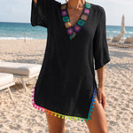 Women's V Neck Beach Cover Up Pom Pom Trim Side Slit Sheer Caftan Causal Three Quarters Sleeve Swimwear