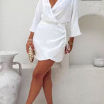 Wrap V Neck Side Drawstring Satin Mini Dress