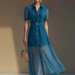 Exquisite Fashionable Front Button V-neck Short-sleeved Outer Cover Organza Blue Denim Maxi Dress