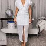 Women's Mesh Midi Dress Crossover Deep V Neck Short Sleeve Ruched Bodycon Dress High Slit Elegant Party Dress