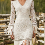 Retro White Lace V-neck Long Sleeve Tassel Short Front And Long Back Skirt Maxi Dress