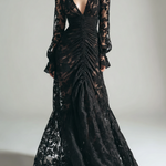 Elegant Women's Black Mesh Fabric Flocked Long-sleeved Maxi Dress