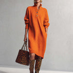 Comfortable And Fashionable Lapel Front Button Orange Knitted Midi Dress