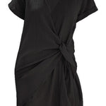 Margovil Solid Cross V Neck Tie Wrap Dress