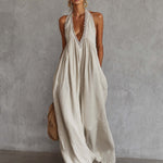 Retro Urban Bohemian V-neck Lace Trim Sleeveless Off-white Cotton Maxi Dress