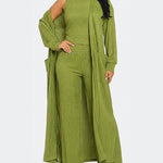 3 Pieces Outfits Cozy Comfort Glitter Long Sleeve Longline Coat and Cropped Ribbed Knit Tank Wide Leg Pants Set