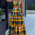 Women's Colorblock Plaid Hollow-out Maxi Dress V Neck Backless Ruffle Cami Dress Casual Shirred Beach Sundress