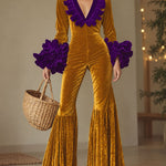 Fashion Party Purple Ruffle Long Sleeve Flared Gold Velvet Jumpsuit