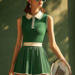 【24-hour shipping out】Casual Fashion Polo Neck White Trim Green Sleeveless Mini Dress