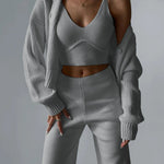 Nadorine Women's Chic V-neck Knitted Three-piece Set Sleeveless Crop Vest and Sweater Cardigan & Solid Wide Leg Pants