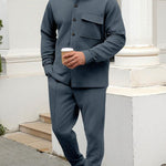 KZZ Men's two-piece casual suit with a stand-up collar long sleeves with a subtle texture