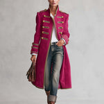Vintage Military Magenta Gold Button Braided Trim Stand Collar Long Wool Coat