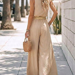 2 Pieces Outfit V-Neck Shoulder Bowknot Design Sleeveless Tank Top and Casual Zipper Fly Elastic Back Waist Wide Leg Pants Set without Belt