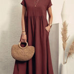 Loose Short Sleeves Pleated Solid Color Round-Neck Midi Dresses