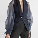 Loose Puff Sleeves See-Through Split-Joint Lapel Blazer Suits Blouses&Shirts Tops