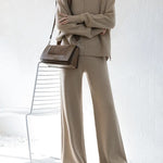 Lounge Set Casual Side Slit Knitted Sweater Pullover Top Wide Leg Pants Two Pieces Tracksuit