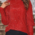 Solid Color Sequined Round Neck Long Sleeve Loose Top