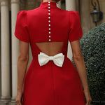 Sweet Moment Slit Short Sleeve Backless Removable Satin Bow Mini Dress