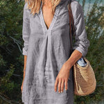 Nadorine Women's Button Down Knee Length Midi Dress V Neck Split Casual Long Sleeve Dress