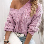Sexy Twist V-neck Beads Long-sleeved Knit Sweater