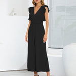 Nadorine Women's Casual Loose Jumpsuit V Neck Sleeveless Solid Ruffle Pleated Wide-leg Long Playsuit with Belt
