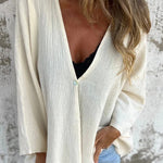 Solid Color V-neck Loose Long-sleeved Button Top