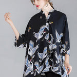 Original Crane Printed Buttoned Stand Collar Half Sleeves Blouse