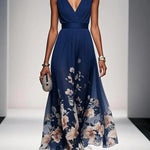 Light Blue Floral Chiffon V Neck Sleeveless A-Line Maxi Dress