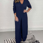 Nadorine Casual Two Pieces Suit V-Neck Long Sleeve Slit Hem Shirt Tops Wide-Leg Pants Sets