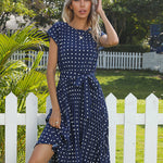 Polka Dot Midi Modest Summer Dress for Women High Waist Short Sleeve with Belt