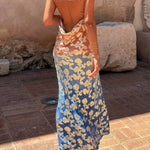 Tie Dye Ombre Gold Floral Print Sexy Strappy Maxi Dress