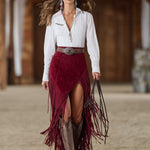 Western Retro Red Faux Suede Slit Fringe Midi Skirt