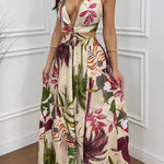 Seinah Floral Print Cutout Waist Open Back Lace-up Slit Maxi Dress