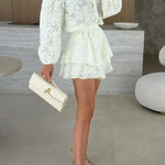 Unique Lace Texture Fabric Balloon Sleeve Blouse and Elastic Waist Layered Skirt Set