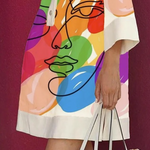 Loose Three-Quarter Sleeves Buttoned Contrast Color Figure Printed Lapel Collar Mini Dresses