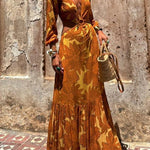 Sunflower Print Ring Cutout Waist Long Sleeve Maxi Dress